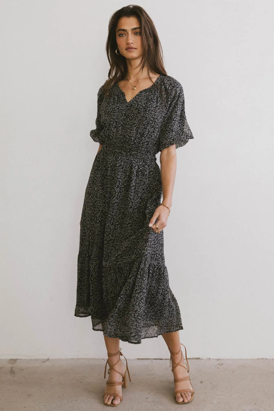 Midi dresses with puff sleeves for a vintage - inspired look Allorah Ditsy Floral Midi Dress