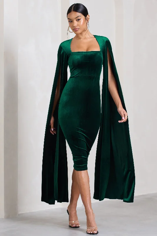 Midi dresses with lace - up fronts for a unique and adjustable style Flawless | Bottle Green Velvet Square Neck Midi Dress With Cape Sleeves Midi dresses with lace - up fronts for a unique and adjustable style Flawless | Bottle Green Velvet Square Neck Midi Dress With Cape Sleeves