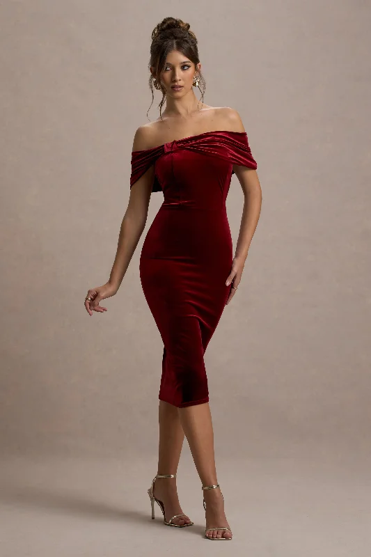 Midi dresses with lace - up fronts for a unique and adjustable style Snowflake | Berry Velvet Bardot Bow Detail Midi Dress Midi dresses with lace - up fronts for a unique and adjustable style Snowflake | Berry Velvet Bardot Bow Detail Midi Dress