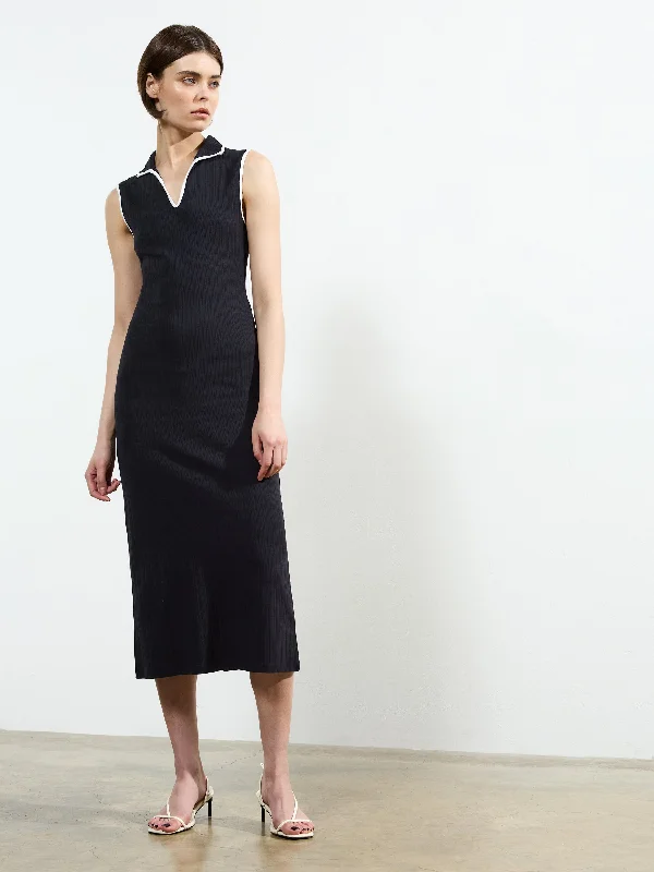 Midi dresses with denim fabric for a casual yet stylish day out Sasia Rib Binding Collared Midi Dress