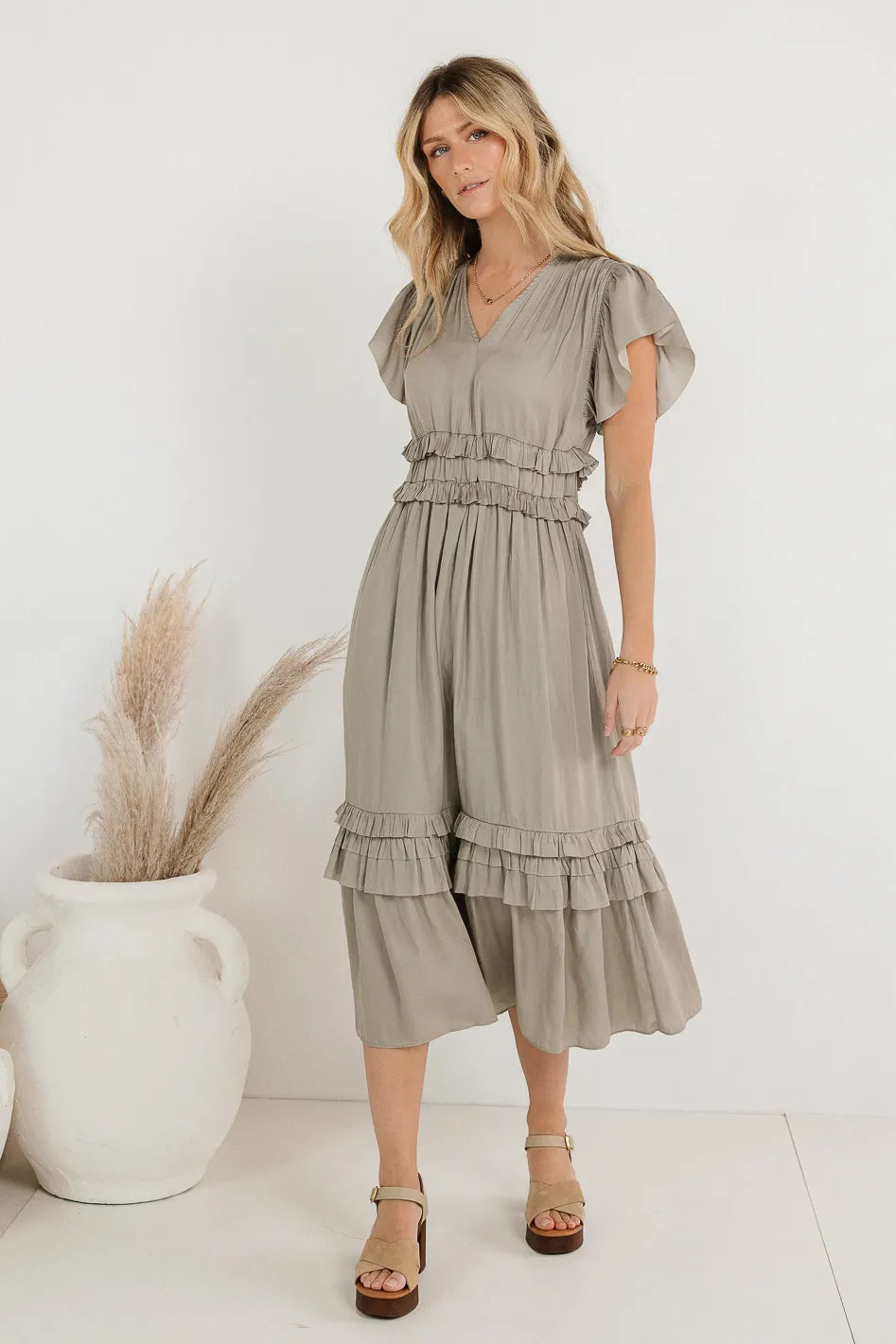Maxi - inspired midi dresses with flowing fabrics for a beachy vibe Willa Ruffle Dress in Sage Maxi - inspired midi dresses with flowing fabrics for a beachy vibe Willa Ruffle Dress in Sage