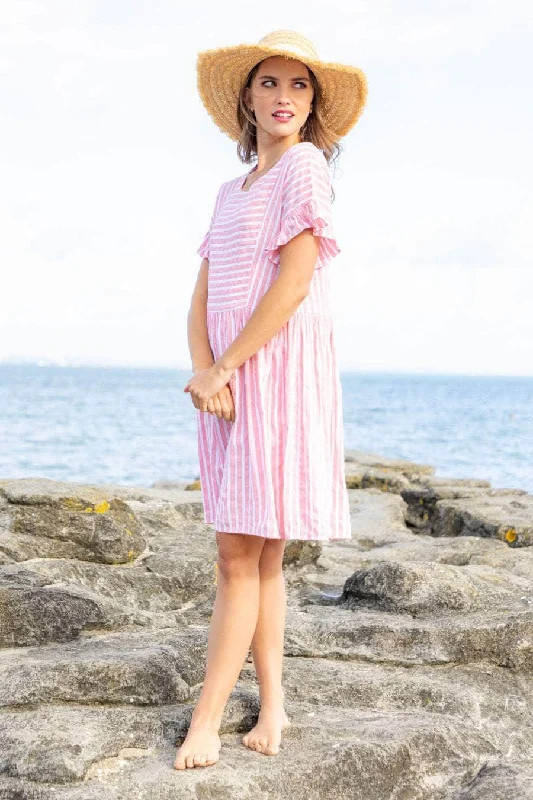 Leather mini dresses for a edgy style Fran Pink & White Striped Dress
