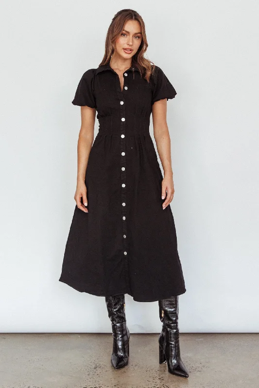 Midi dresses with keyhole backs for a flirty and unexpected detail Zurich Pleated Waist Midi Dress Black Midi dresses with keyhole backs for a flirty and unexpected detail Zurich Pleated Waist Midi Dress Black