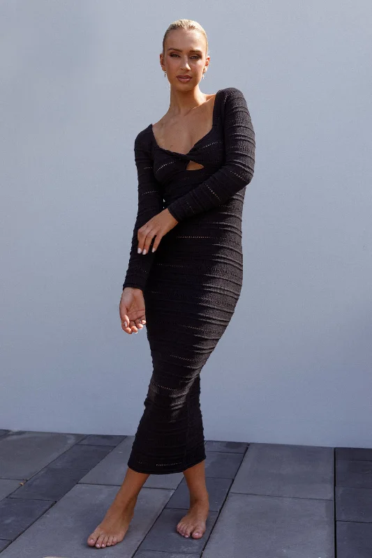 Midi dresses with wrap - around skirts for a customizable fit Beachside Crochet Knit Long Sleeve Midi Dress Black