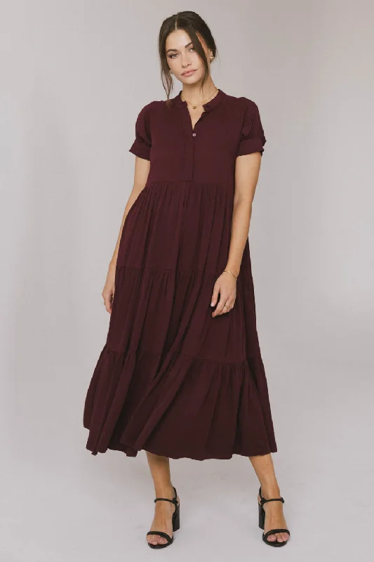 Midi dresses with cold - shoulder cutouts for a trendy style Amanda Tiered Dress in Burgundy Midi dresses with cold - shoulder cutouts for a trendy style Amanda Tiered Dress in Burgundy