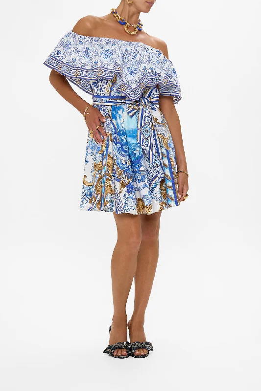 Linen mini dresses for a breathable summer option SHOULDER FRILL SHORT DRESS AZUL ADVENTURES