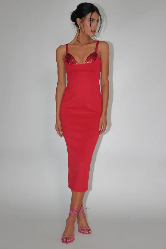 Midi dresses with pom - pom trims for a playful and festive look La Bellevilloise Sequin Bust Midi Dress Red Midi dresses with pom - pom trims for a playful and festive look La Bellevilloise Sequin Bust Midi Dress Red
