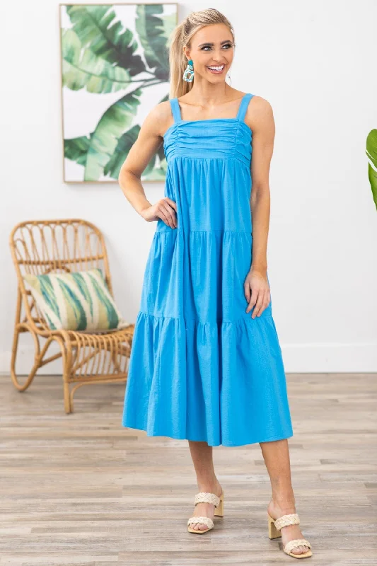 Midi dresses with off - the - shoulder necklines for a flirty look Blue Ruched Bodice Midi Dress Midi dresses with off - the - shoulder necklines for a flirty look Blue Ruched Bodice Midi Dress