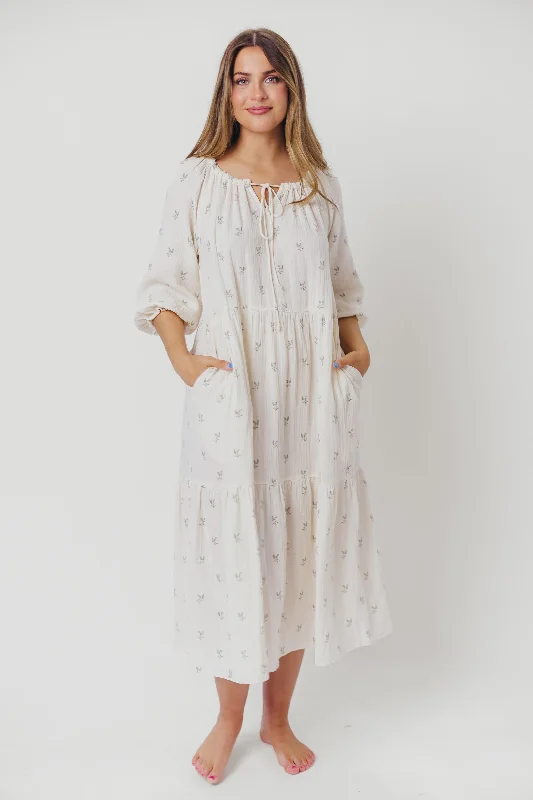 Midi dresses with pleated bodices for a classic and tailored look Avery Tiered Linen-Blend Midi Dress in Soy/Sage Foliage - Bump Friendly and Inclusive Sizing