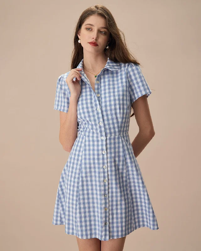 Mini dresses with side slits for a sexy appeal Women's Blue Plaid Lapel Cotton Mini Dress