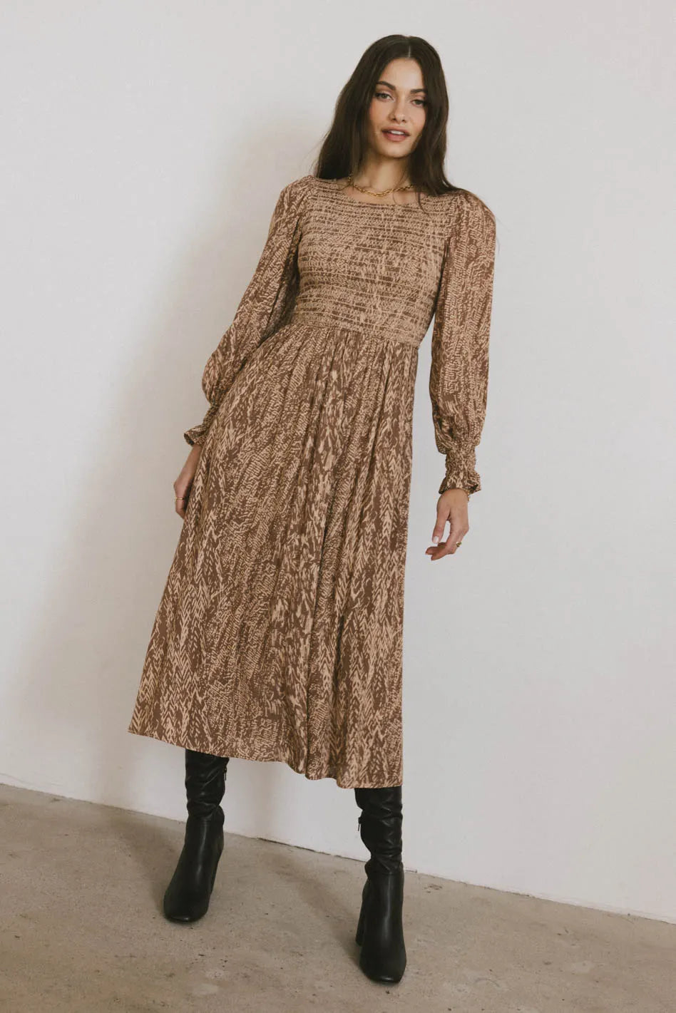 Midi dresses with denim fabric for a casual yet stylish day out Justice Abstract Midi Dress in Brown
