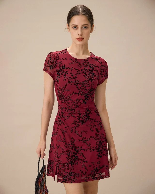 Floral print mini dresses for summer parties Red Floral Boat Neck Mini Dress
