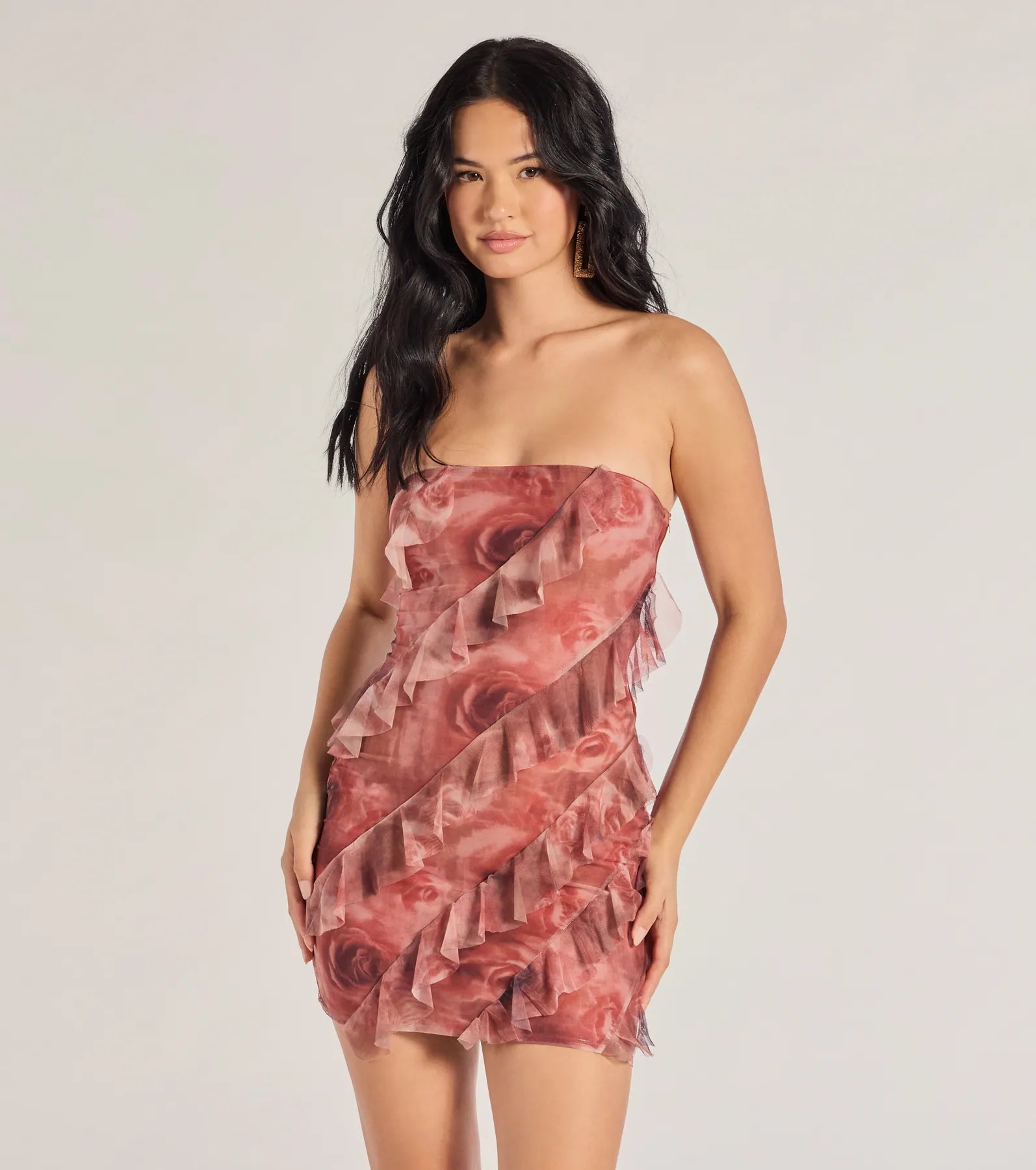 Mini dresses with asymmetric hems for a fashion - forward look Blooming Floral Print Ruffled Mesh Mini Dress Mini dresses with asymmetric hems for a fashion - forward look Blooming Floral Print Ruffled Mesh Mini Dress