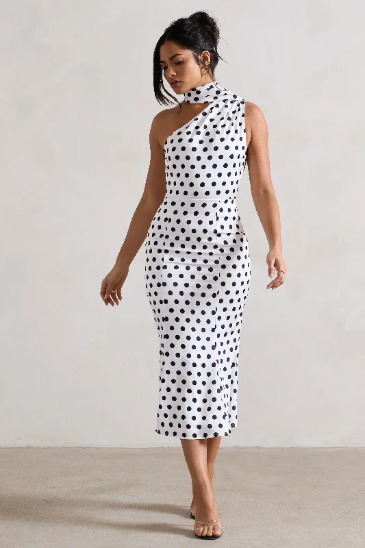 Midi dresses with lace - up fronts for a unique and adjustable style Golden Girl | White Polka Dot One Shoulder High-Neck Flared Midi Dress