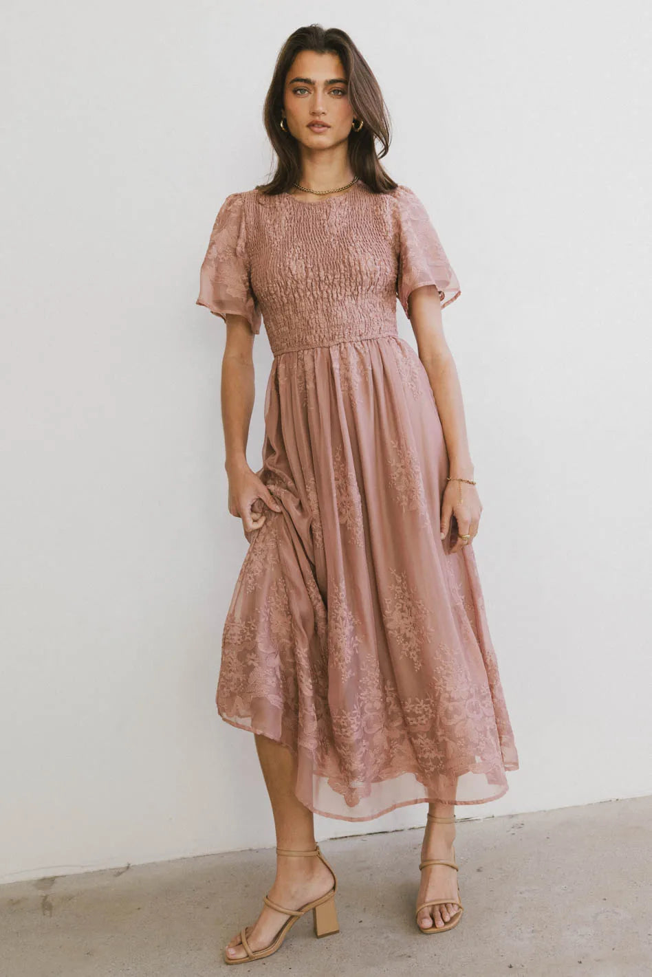 Midi dresses with off - the - shoulder necklines for a flirty look Alora Embroidered Dress in Dusty Rose