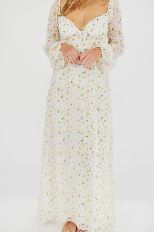 Midi dresses with animal prints for a bold and confident appearance Parker Smocked Maxi Dress with Puffed Sleeves in Ivory/Yellow - Bump Friendly & Inclusive Sizing (S-3XL)