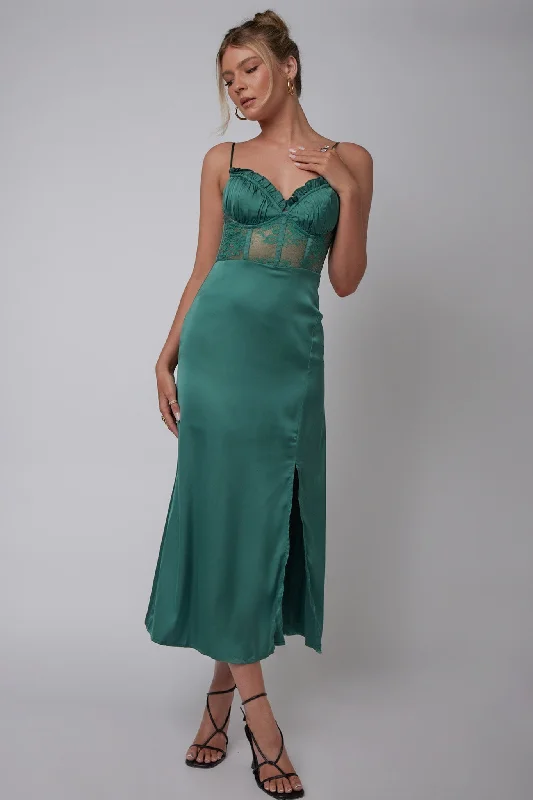 Midi dresses with printed lining for a hidden and stylish detail Trophy Lace Bodice Midi Dress Emerald Midi dresses with printed lining for a hidden and stylish detail Trophy Lace Bodice Midi Dress Emerald