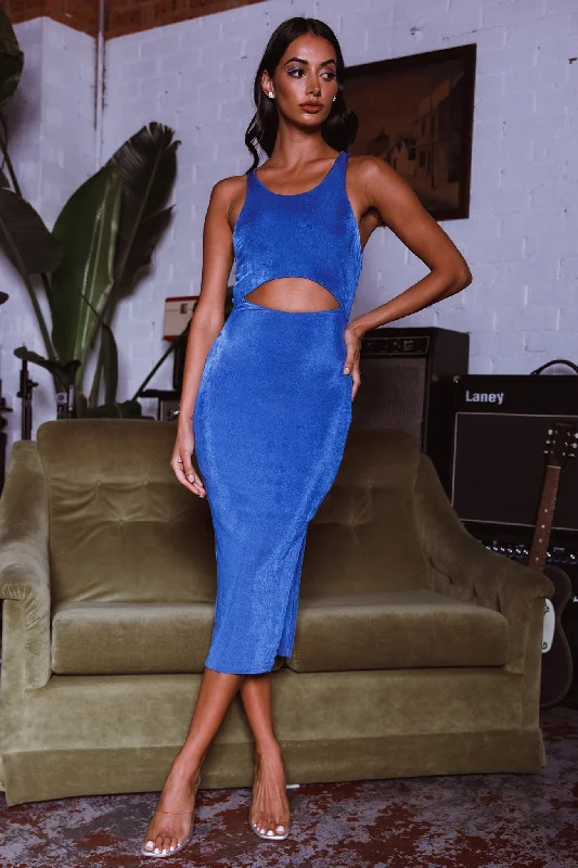 Midi dresses with asymmetric hems for a fashion - forward and dynamic appearance Dominique Cut-Out Twist Midi Dress Blue Midi dresses with asymmetric hems for a fashion - forward and dynamic appearance Dominique Cut-Out Twist Midi Dress Blue