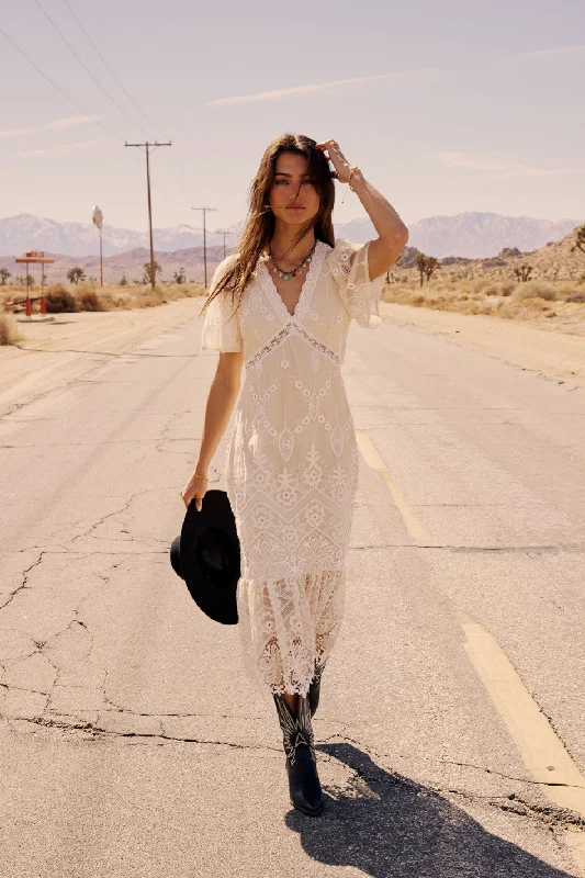 Maxi - inspired midi dresses with flowing fabrics for a beachy vibe Maxene Embroidered Midi Dress