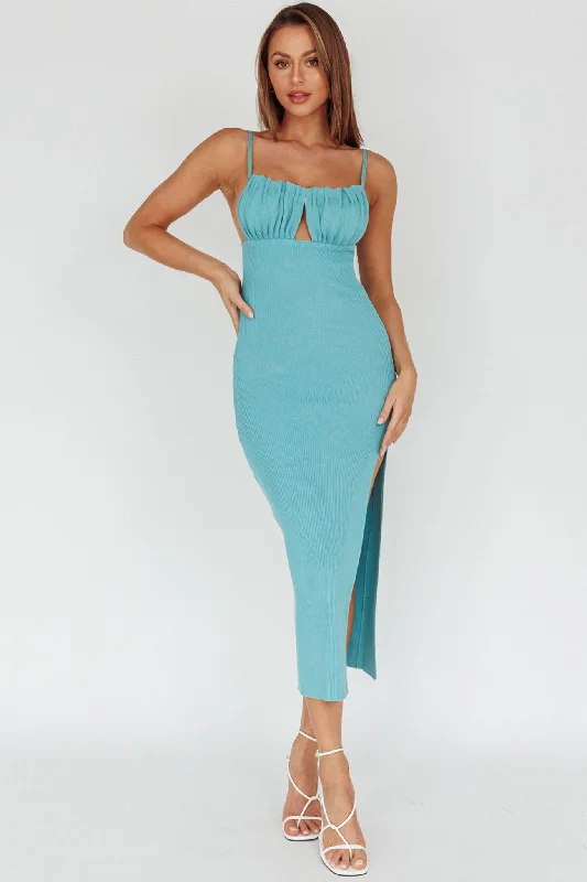 Midi dresses with sheer panels for a touch of allure Jelina Gathered Bust Knit Midi Dress Teal Midi dresses with sheer panels for a touch of allure Jelina Gathered Bust Knit Midi Dress Teal