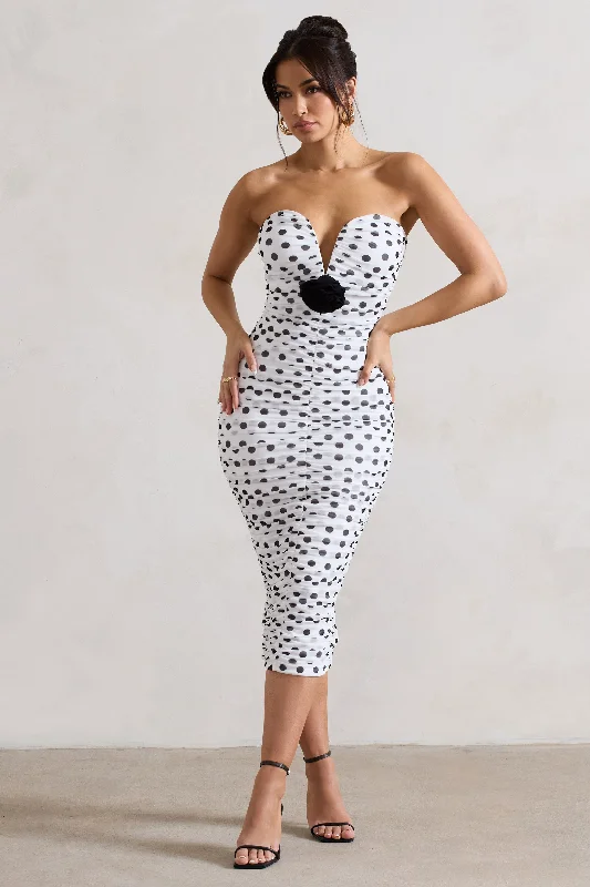 High - low midi dresses with geometric patterns for a modern party Taken | White Polka Dot Ruched Mesh Midi Dress With Corsage