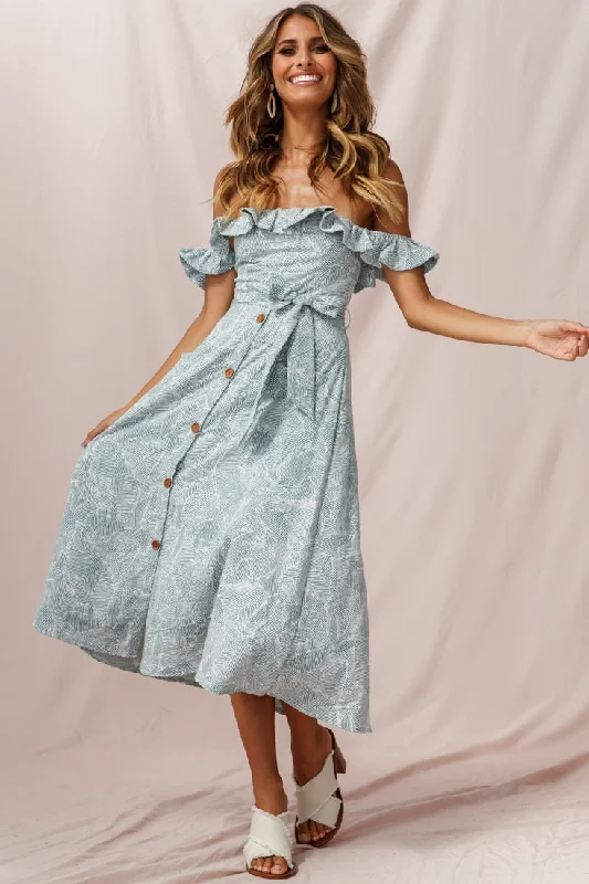 Midi dresses with sheer panels for a touch of allure Matisse Off-Shoulder Placket Dress Sage Pattern Midi dresses with sheer panels for a touch of allure Matisse Off-Shoulder Placket Dress Sage Pattern