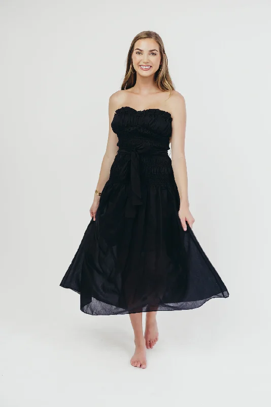 Maxi - inspired midi dresses with flowing fabrics for a beachy vibe Devin Strapless Midi Dress with Sash in Black Maxi - inspired midi dresses with flowing fabrics for a beachy vibe Devin Strapless Midi Dress with Sash in Black