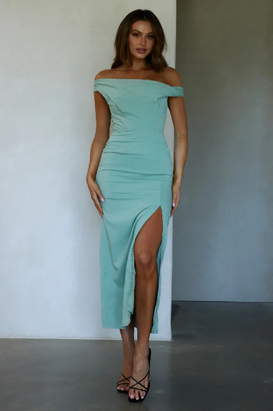 Midi dresses with belted waists to accentuate the figure Miriam On-Off Shoulder Midi Dress Pistachio