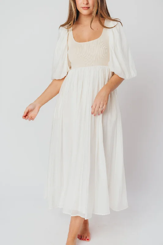 Midi dresses with tiered skirts for a bohemian festival look Raina Combination Midi Dress with Puff Sleeves in Natural - Bump Friendly Midi dresses with tiered skirts for a bohemian festival look Raina Combination Midi Dress with Puff Sleeves in Natural - Bump Friendly