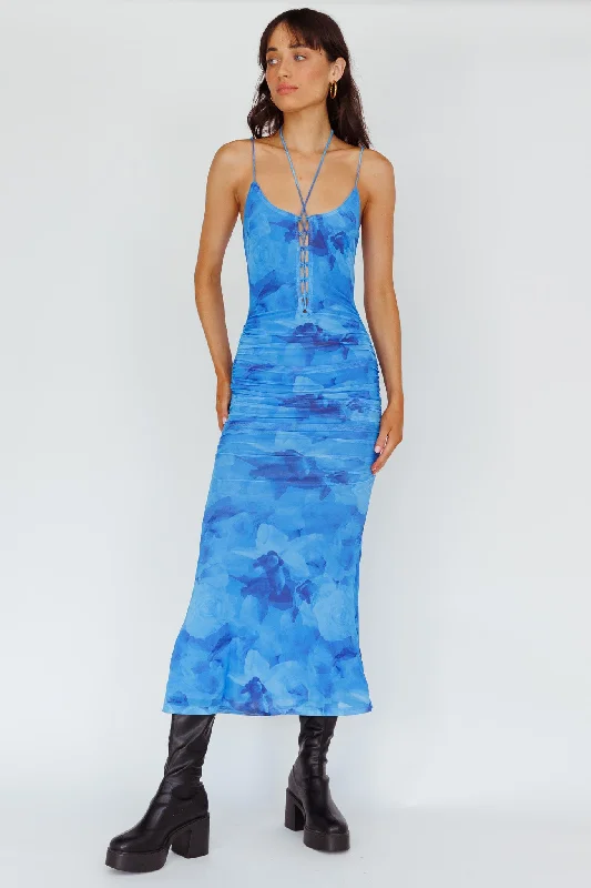 Midi dresses with embroidered accents for a unique and detailed design Gypsy Garden Laced Bodice Ruched Midi Dress Blue Midi dresses with embroidered accents for a unique and detailed design Gypsy Garden Laced Bodice Ruched Midi Dress Blue