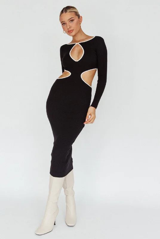 Midi dresses with ruffled hems for a romantic date night Jovie Keyhole Knit Midi Dress Black Midi dresses with ruffled hems for a romantic date night Jovie Keyhole Knit Midi Dress Black