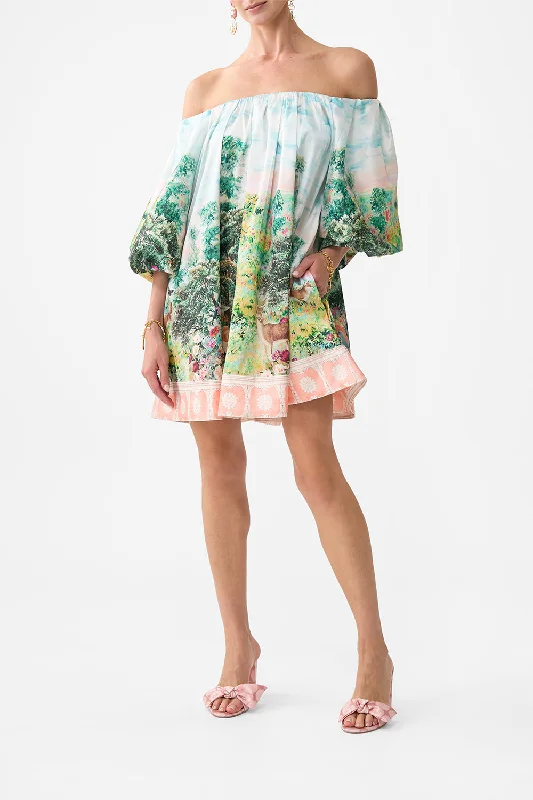 Mini dresses with pom - pom trims for a playful feel OFF SHOULDER PUFF DRESS ARCHES OF AMOR