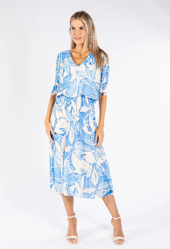 Midi dresses with ruffled hems for a romantic date night Leaf Print Plisse Pop Over Dress
