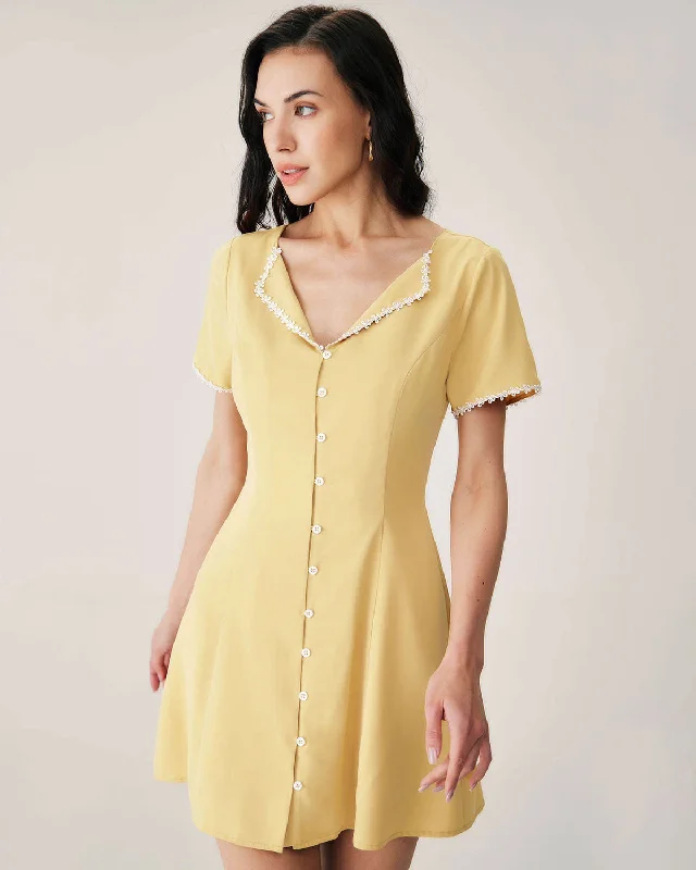 Printed mini dresses for a casual day out Yellow V-neck Button Mini Dress