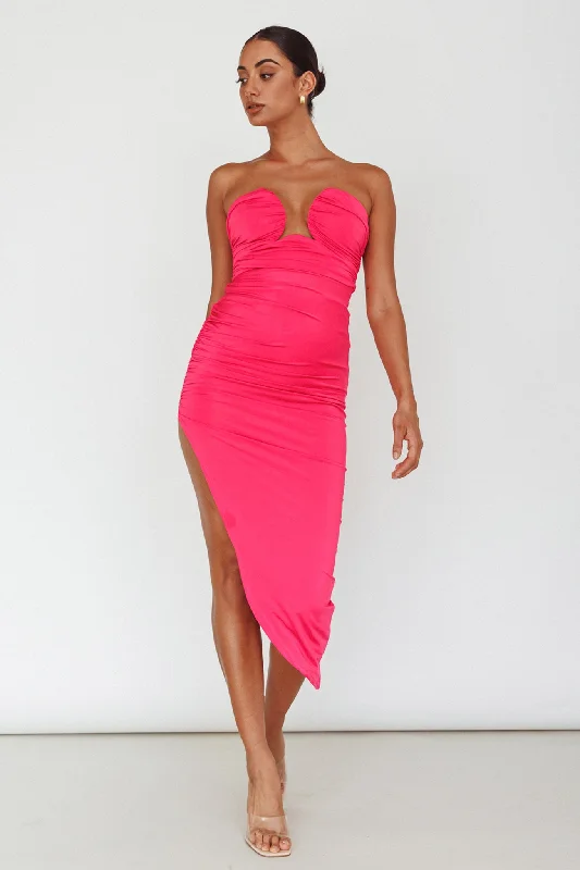 Midi dresses with ruffled hems for a romantic date night Roma U-Neckline Ruched Midi Dress Hot Pink Midi dresses with ruffled hems for a romantic date night Roma U-Neckline Ruched Midi Dress Hot Pink