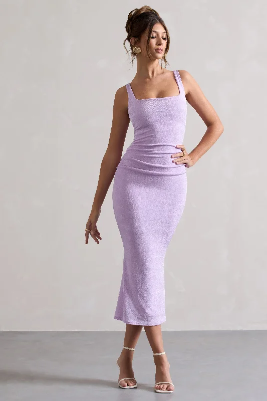 Midi dresses with cold - shoulder cutouts for a trendy style Evora | Lilac Ruched Square-Neck  Midi Dress