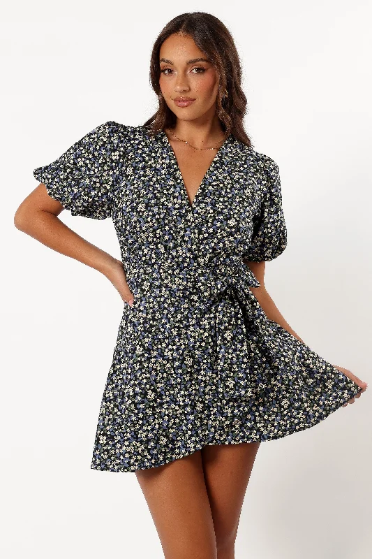 Mini dresses with mesh panels for a sexy and trendy look Kenn Wrap Mini Dress - Indigo Vanilla