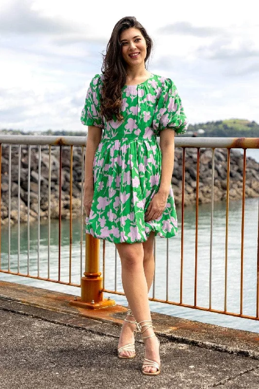 Mini dresses with puff sleeves for a vintage look Emma Mini Puff Sleeve Dress Green Floral