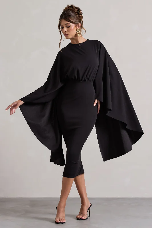 Midi dresses with cold - shoulder cutouts for a trendy style Tranquility | Black Gathered Midi Dress With Cape