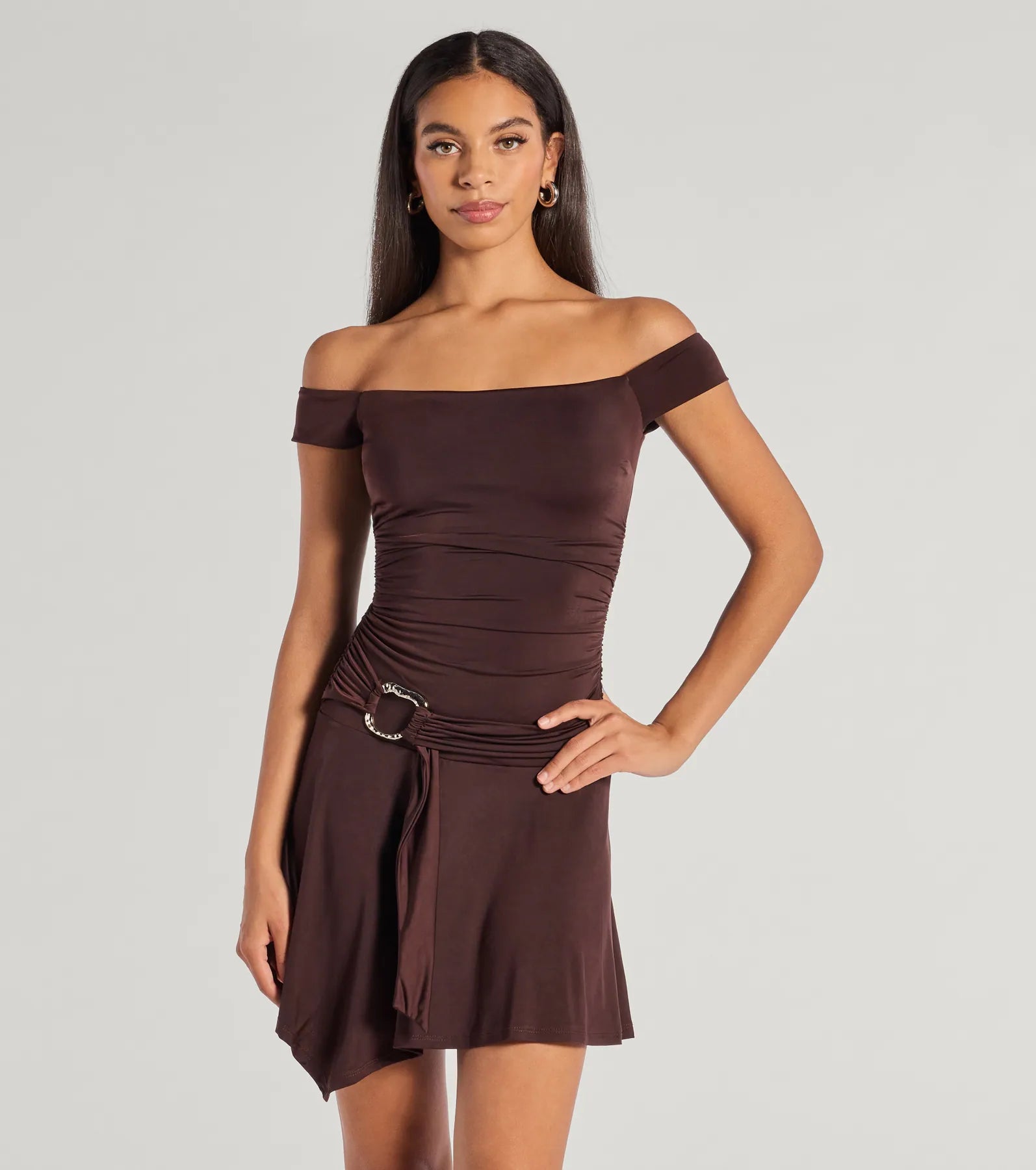 Metallic mini dresses for a glamorous event Trendy Fab Off-The-Shoulder Belted Mini Dress