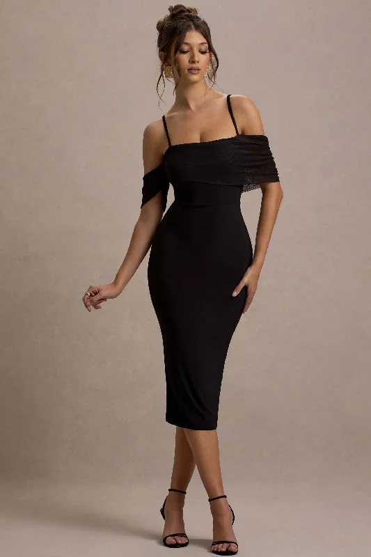 Midi dresses with wrap - around skirts for a customizable fit Bethan | Black Bodycon Strappy Mesh Bardot Midi Dress Midi dresses with wrap - around skirts for a customizable fit Bethan | Black Bodycon Strappy Mesh Bardot Midi Dress
