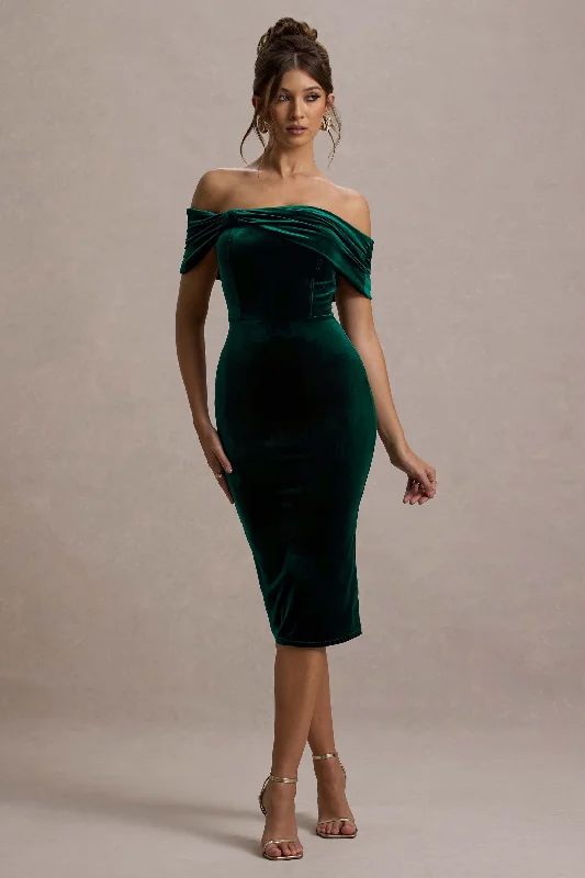 Midi dresses with puff sleeves for a vintage - inspired look Snowflake | Bottle Green Velvet Bardot Bow Detail Midi Dress Midi dresses with puff sleeves for a vintage - inspired look Snowflake | Bottle Green Velvet Bardot Bow Detail Midi Dress