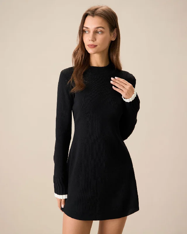 Animal print mini dresses for a bold statement Black Contrasting Long Sleeve Sweater Mini Dress
