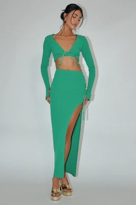 Midi dresses with one - shoulder designs for a modern and asymmetric style Sigournie Long Sleeve Chain Midi Dress Green Midi dresses with one - shoulder designs for a modern and asymmetric style Sigournie Long Sleeve Chain Midi Dress Green