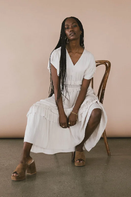 Wrap - style midi dresses in silk for a sophisticated office look Willa Ruffle Dress in Ivory