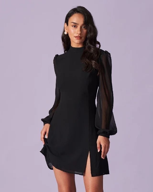 Mini dresses with tiered skirts for added volume The Black Stand Collar Sheer Slit Mini Dress Mini dresses with tiered skirts for added volume The Black Stand Collar Sheer Slit Mini Dress