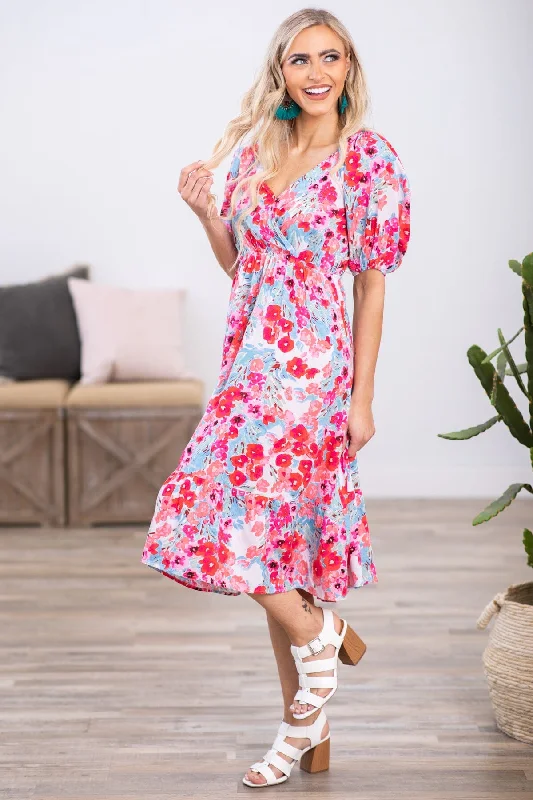 Midi dresses with ribbed textures for a unique and tactile appearance Sky Blue and Pink Puff Sleeve Floral Dress Midi dresses with ribbed textures for a unique and tactile appearance Sky Blue and Pink Puff Sleeve Floral Dress