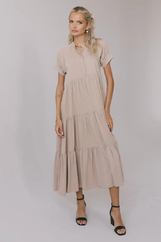 Midi dresses with mesh inserts for a trendy and breathable option Amanda Tiered Dress in Tan Midi dresses with mesh inserts for a trendy and breathable option Amanda Tiered Dress in Tan
