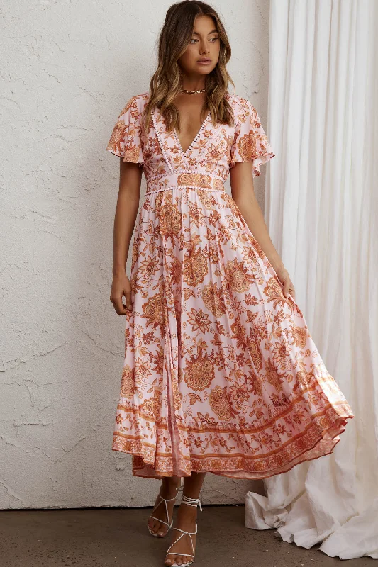 Midi dresses with sheer panels for a touch of allure Kailee Short Sleeve Midi Dress Pink/Orange Midi dresses with sheer panels for a touch of allure Kailee Short Sleeve Midi Dress Pink/Orange