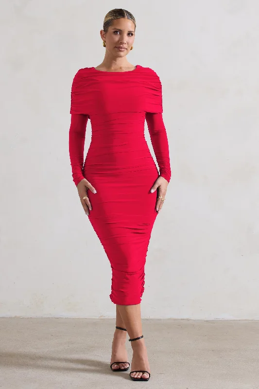 Midi dresses with patchwork patterns for a one - of - a - kind style Lea | Red Long Sleeve Ruched Midi Dress with Draped Bardot Overlay